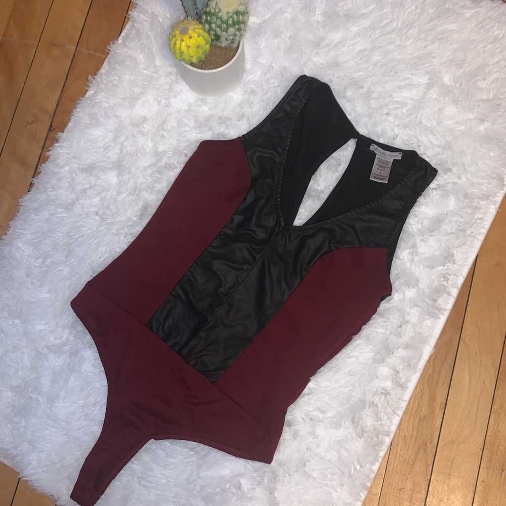 Burgundy/Leather bodysuit